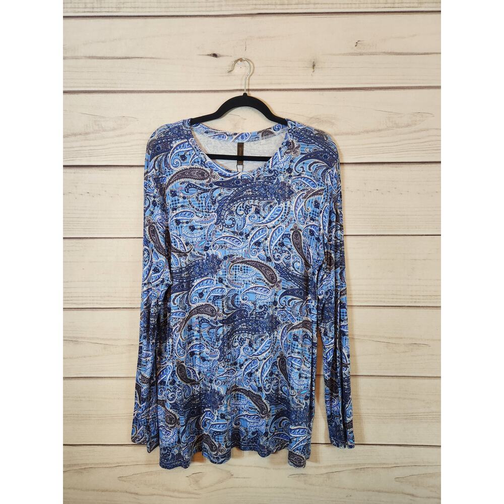 Hotgift Women's Blue Paisley Print Long Sleeve Round‎ Neck Blouse Size 2XL NWT
